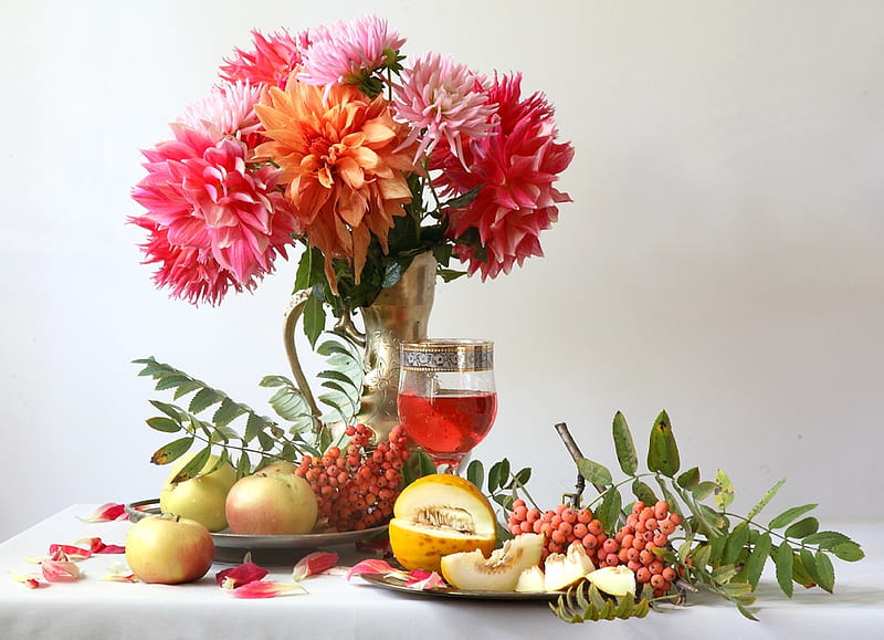 still life, pretty, vase, bonito, fruit, graphy, nice, flowers, drink, harmony, apple, lovely, wine, cool, bouquet, cup, flower, chrysanthemums, melon, petals, HD wallpaper