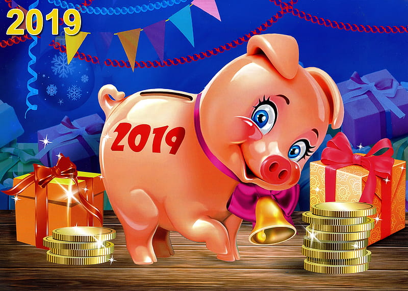 Happy New Year!, 2019, pig, chinese zodiac, card, new year, HD wallpaper