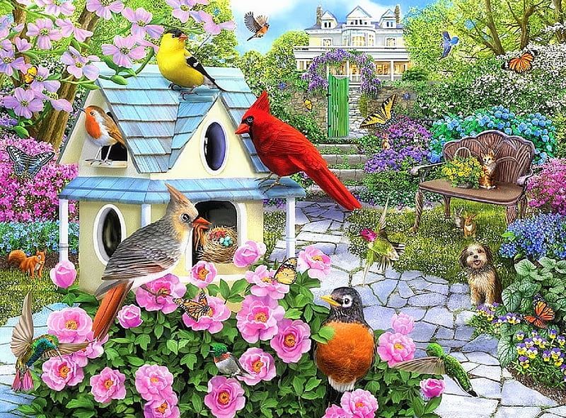 Blooming Gardens, houses, birds, love four seasons, butterflies, spring, attractions in dreams, birdhouses, paintings, garden, flowers, summer, nature, butterfly designs, animals, HD wallpaper