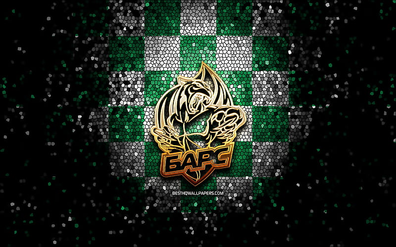 AK Bars Kazan, glitter logo, KHL, green white checkered background, hockey, Kontinental Hockey League, AK Bars Kazan logo, mosaic art, russian hockey team, HD wallpaper