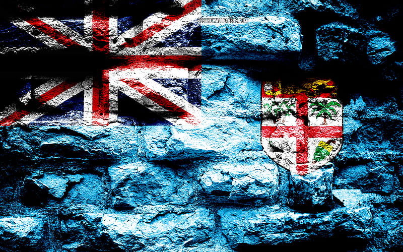 Fiji flag, grunge brick texture, Flag of Fiji, flag on brick wall, Fiji, flags of Oceania countries, HD wallpaper