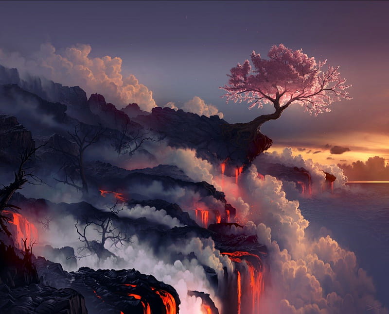 fantasy art, rocks, tree, lave, smoke, sea, HD wallpaper