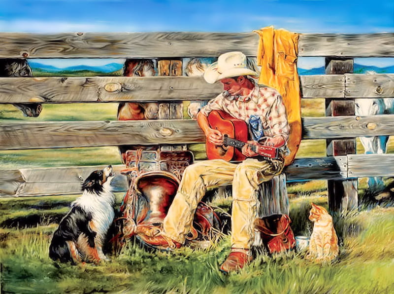 A Cowboy and his Guitar, Guitar, Art, Cowboy, Animals, HD wallpaper