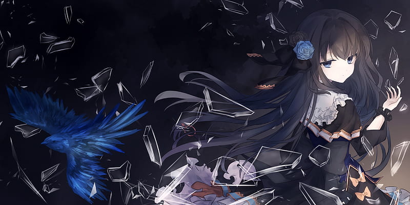 anime girl, shattered glass, brown hair, blue bird, Anime, HD wallpaper