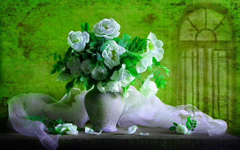 Still life, fabric, flowers, vase, white, HD wallpaper