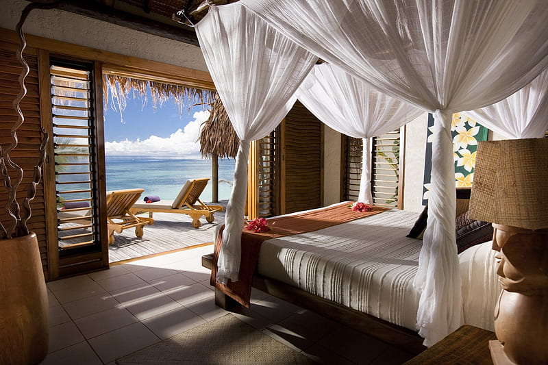 Four Poster Bed overlooking Beach, polynesia, bungalow, interior, bedroom, villa, sea, bed, beach, lagoon, sand, room, luxury, poster, hotel, exotic, islands, view, ocean, suite, water, paradise, four, island, tropical, HD wallpaper