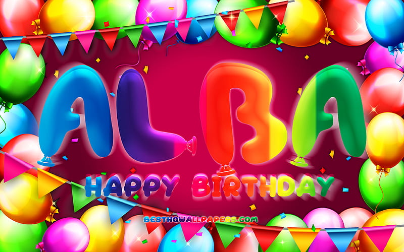 Happy Birtay Alba colorful balloon frame, Alba name, purple background, Alba Happy Birtay, Alba Birtay, popular spanish female names, Birtay concept, Alba, HD wallpaper