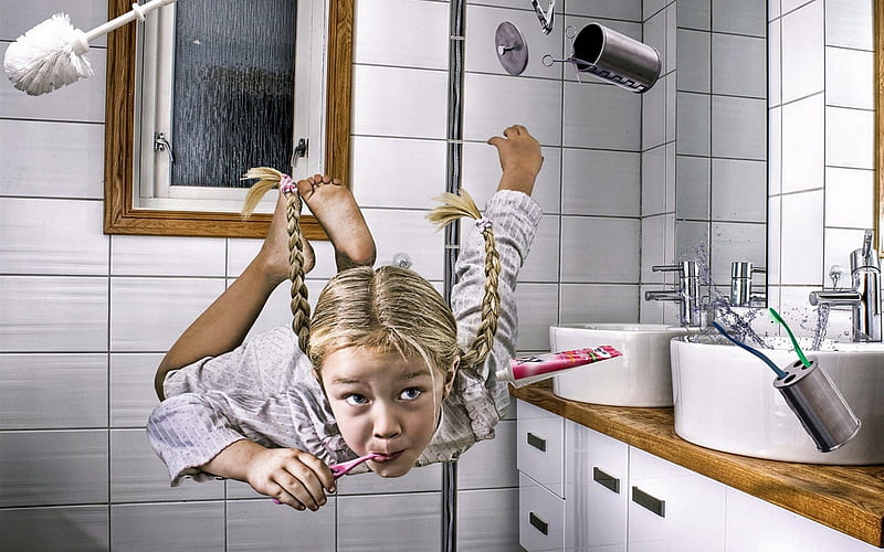 Brushing teeth is fun flying, kid, brushing, girl, fun, funny, teeth, HD wallpaper