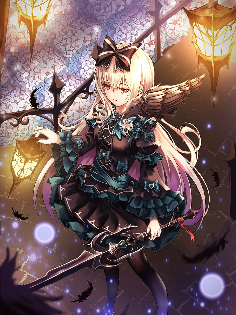 gothic anime girl, sword, lolita fashion, long hair, ribbon, black feathers, Anime, HD phone wallpaper