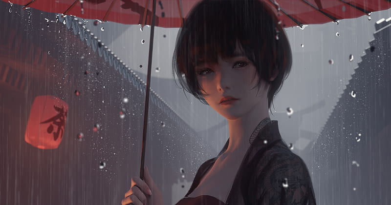 Comics, GhostBlade, Girl, rain, Umbrella, HD wallpaper