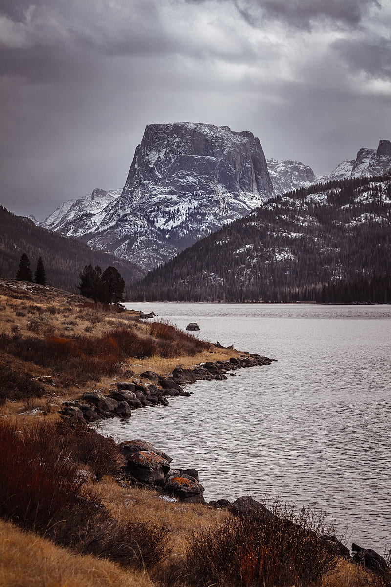 lake, shore, mountains, water, landscape, HD phone wallpaper