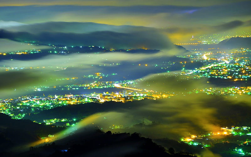 CITY beneath THE SKY, height, city, view from above, clouds, lights, fog, night, HD wallpaper