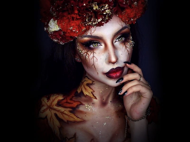 Autumn Beauty, masking you to join, red on black or reverse, bootiful paint masks, women are special, Chic Pursuit, flower crown wreath, leaf color to gals, lovely halloween gals, all things red, color on black, female trendsetters, album, HD wallpaper