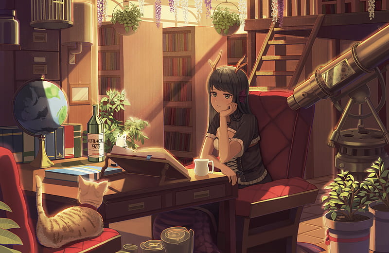anime girl, horns, neko, room, books, library, studying, Anime, HD wallpaper