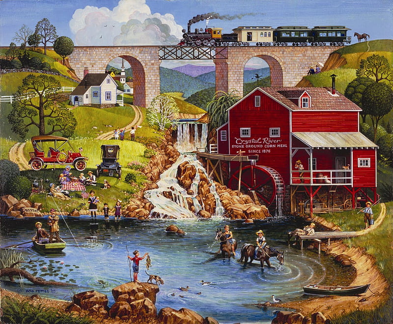 Labor Day, pond, house, watermill, train, people, car, artwork, HD wallpaper