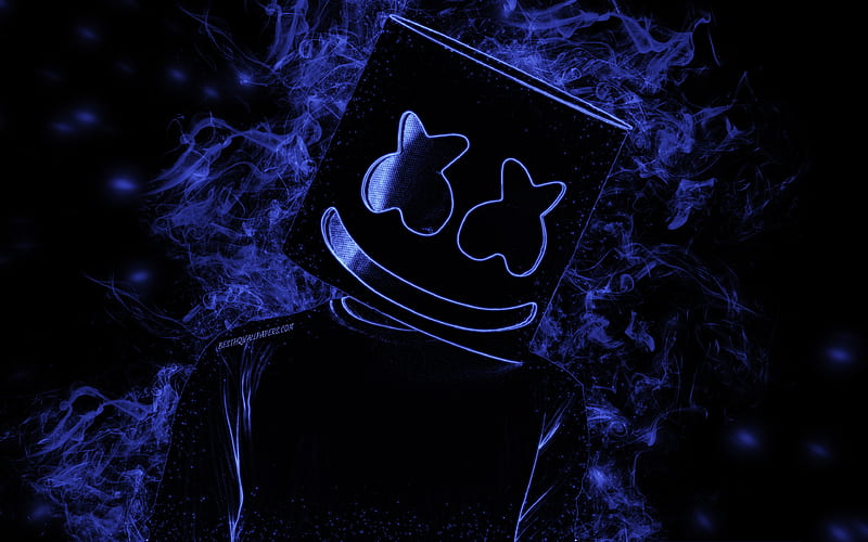 Marshmello, creative art, American DJ, black background, neon Marshmello hat, blue neon silhouette, blue smoke silhouette, EDM, DJ Marshmello, HD wallpaper