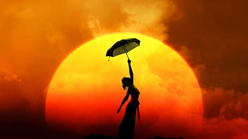 The Woman, Umbrella, Woman, Clouds, Sun, HD wallpaper