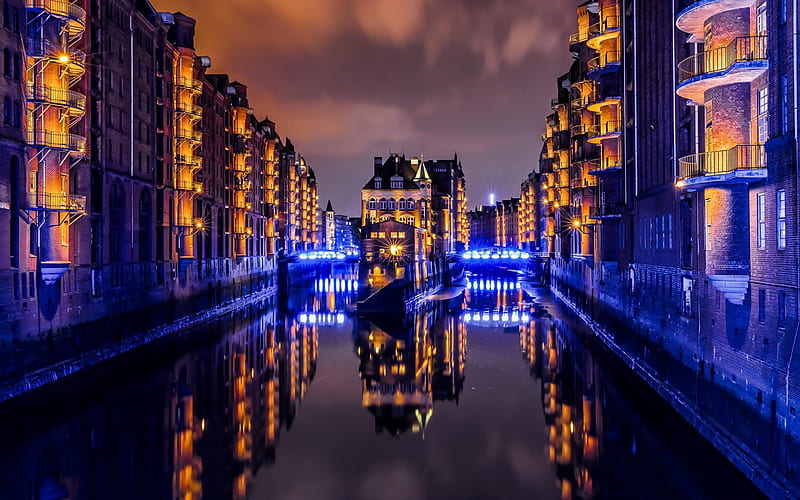 Hamburg, Wasserschloss, Speicherstadt, evening, night, city lights, Hamburg cityscape, warehouse district, Germany, HD wallpaper