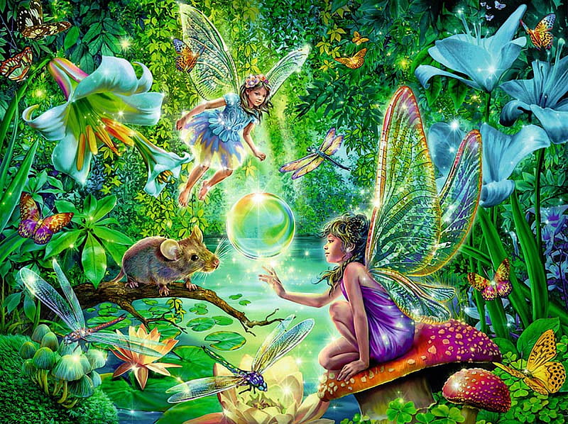 A magic Soap Bubble, flowers, fairies, bubble, mushrooms, animals, HD wallpaper