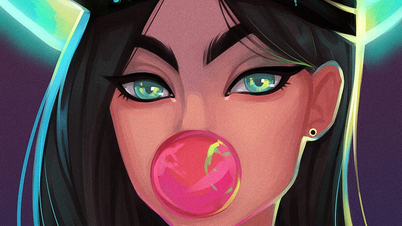 Neon Bubble Gum Girl , bubble-gum, bubble, artist, artwork, digital-art, HD wallpaper