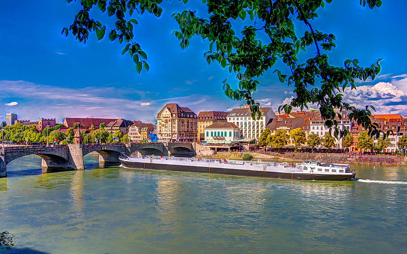 Basel, evening, river, stone bridge, Swiss cities, Basel cityscape, Switzerland, HD wallpaper