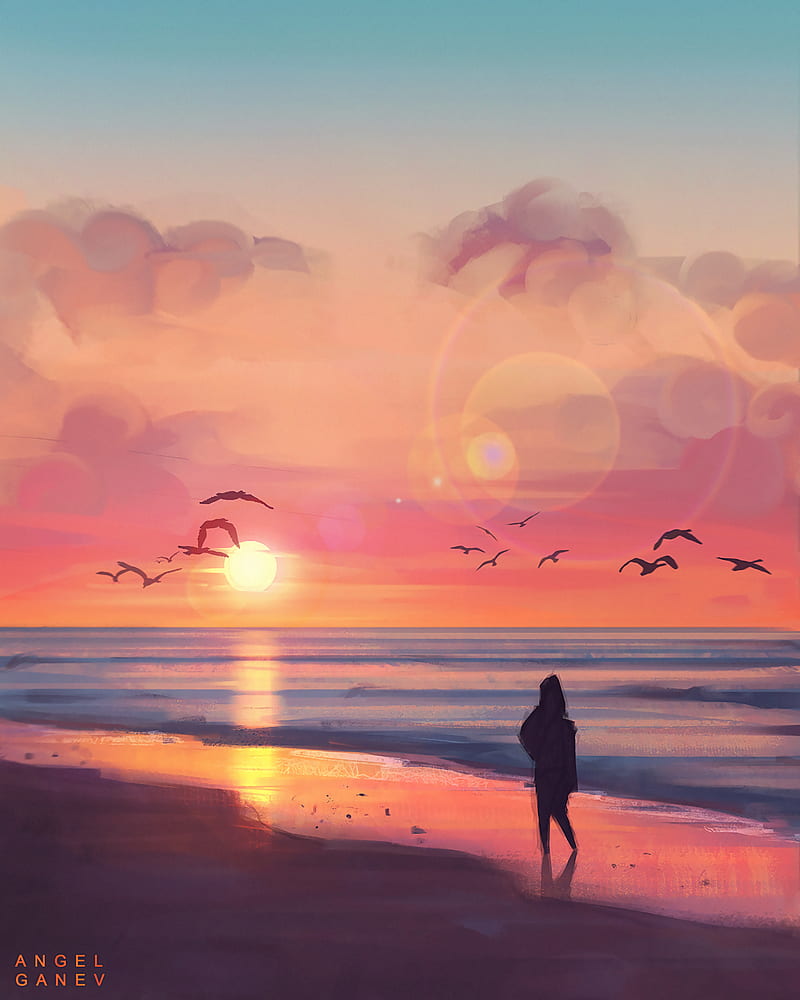 beach, sunset, silhouette, art, sea, birds, HD phone wallpaper