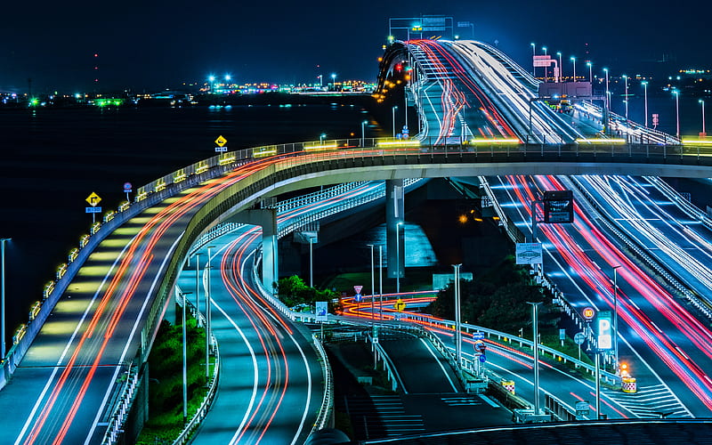 Tokyo Bay Aqua-Line traffic lights, highway, Tokyo, Asia, japanese landmarks, japan, HD wallpaper