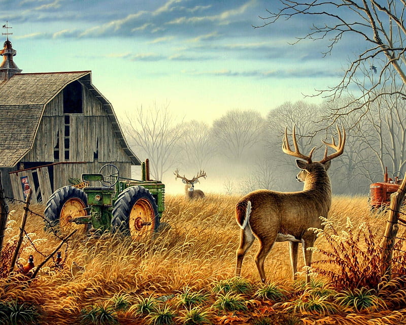 Painting, cottage, deer, farm, field, landscape, nature, ruck, HD wallpaper