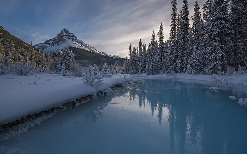 Silverhorn Creek, winter, mountain landscape, sunset, mountain river, ice, Alberta, Banff National Park, Canada, HD wallpaper