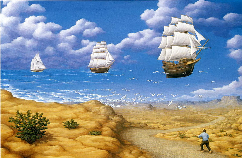 In Search Of Sea, desert, ship, man, way, sea, HD wallpaper