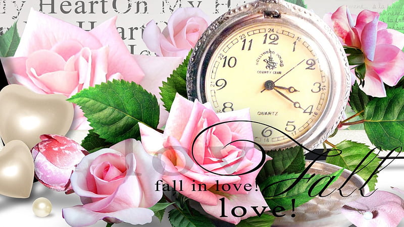 Fall In Love, romantic, romance, rose, time, clock, pink roses, leaves,  Valentines Day, HD wallpaper | Peakpx