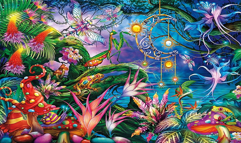 Fantasy Forest, Dragon flies, Colorful, frogs, Forest, fantasty, Chimes, enchanted, HD wallpaper