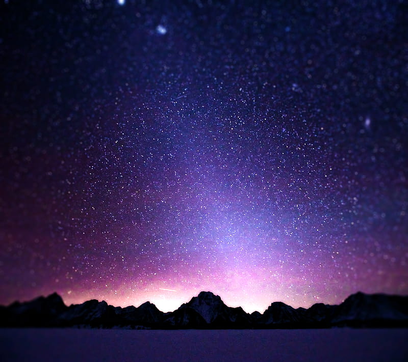 Purple Sky Stars, bonito, bokeh light, mountain, night, purple, ray, sky, star, HD wallpaper