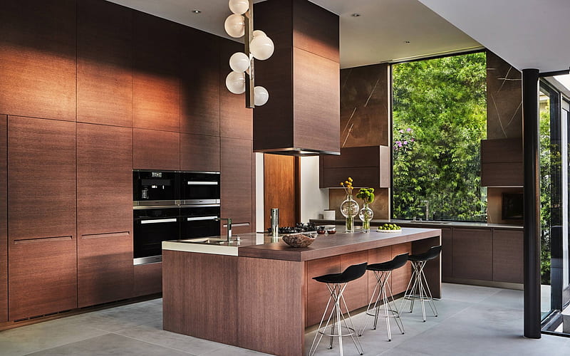 kitchen modern design, brown interior, modern stylish interior, minimalism, kitchen, HD wallpaper