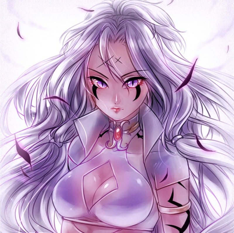 Evil Glare, divine, splendid, bonito, sublime, anime, feather, hot, beauty, anime girl, long hair, glare, gorgeous, stare, female, tattoo, sexy, plain, girl, awesome, simple, silver hair, sinister, white, HD wallpaper