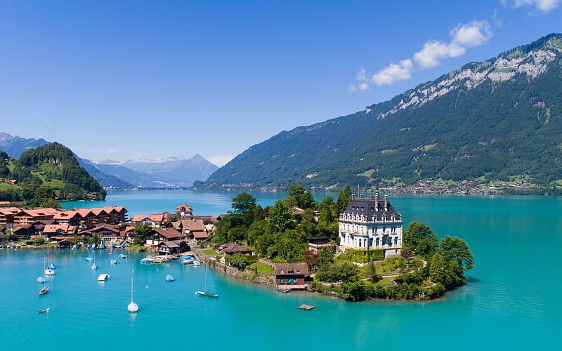 Iseltwald, Lake Brienz, Bern, Switzerland, Seeburg, Bernese Oberland, mountain lake, mountain landscape, blue lake, summer, HD wallpaper