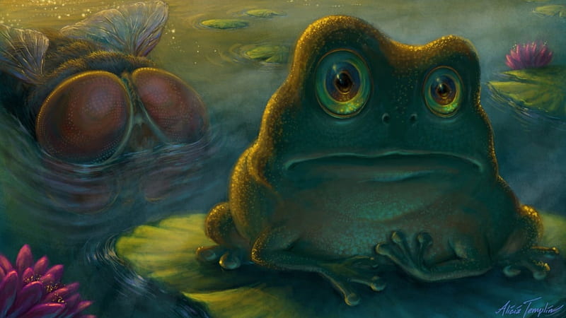 Frog, art, lotus, luminos, lake, fantasy, water, green, flower, pink, HD wallpaper
