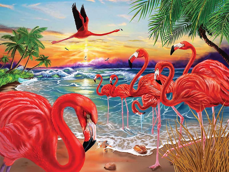 Pink Passion Paradise, birds, puzzle, jigsaw, pinl, red, sun, ocean, shine, beach, large, tropical, HD wallpaper
