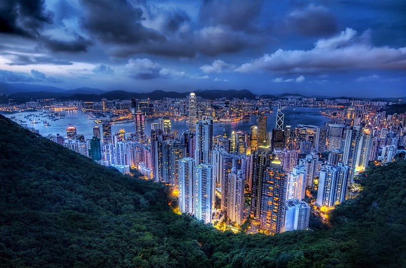 Dusk In Hong Kong, glow, marvellous, dusk, hong kong, clouds, building, mountain, dark, beauty, sunrise, morning, light, blue, HD wallpaper