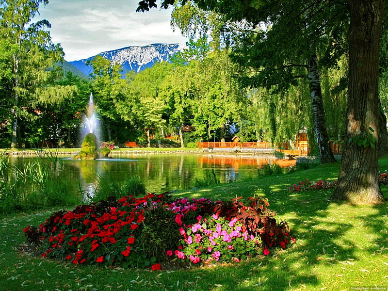 Pretty place in park, pretty, grass, bonito, mountain, flowers, rest, fountain, lovely, relax, greenery, spring, sky, trees, lake, freshness, pond, summer, nature, walk, HD wallpaper