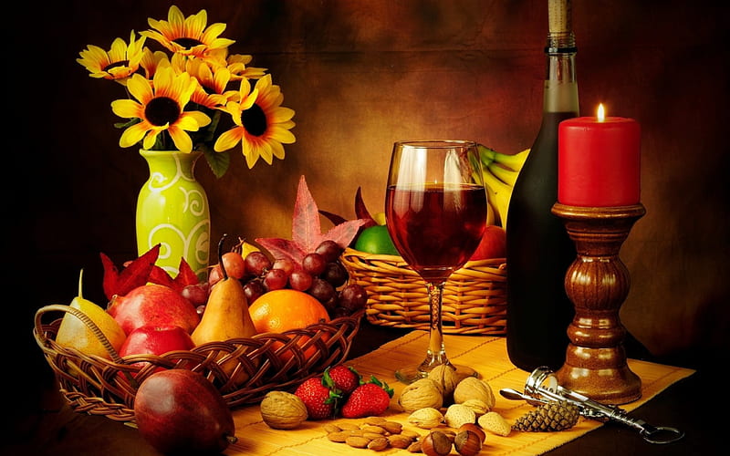 Still Life, candle, baskets, strawberry, bottle, wine, fruits, vase, nuts, glass, flowers, nature, HD wallpaper