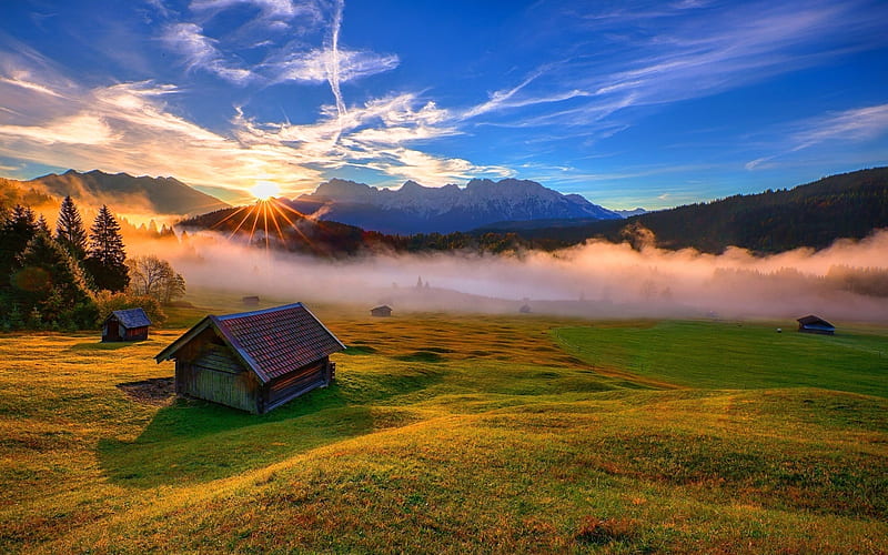 Bavaria, sunset, hut, mountains, hills, Germany, Europe, HD wallpaper