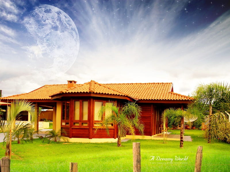 A Dreamy World, fence, moon, house, peaceful, trees, clouds, posts, HD wallpaper