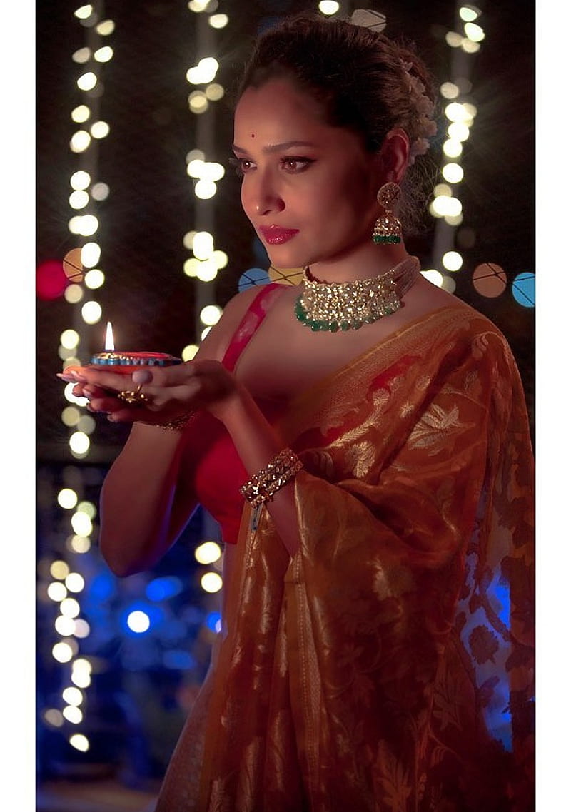 Ankita Lokhande, actress, bonito, bollywood, saree, traditional, tv, HD phone wallpaper