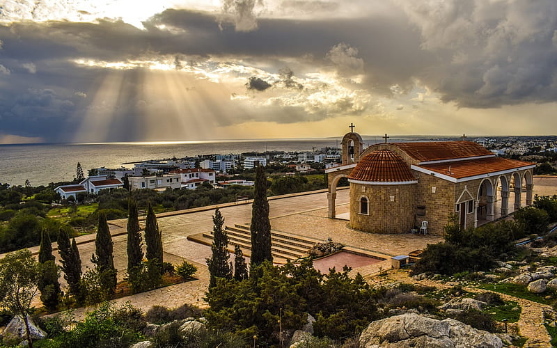 Ayia Napa, Cyprus, Cyprus, town, church, clouds, landscape, HD wallpaper