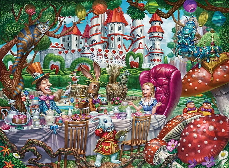 Alice in Wonderland, white rabbit, bunny, pink, madhatter, alice, wonderland, tea, fantasy, sergio botero, green, party, castle, HD wallpaper