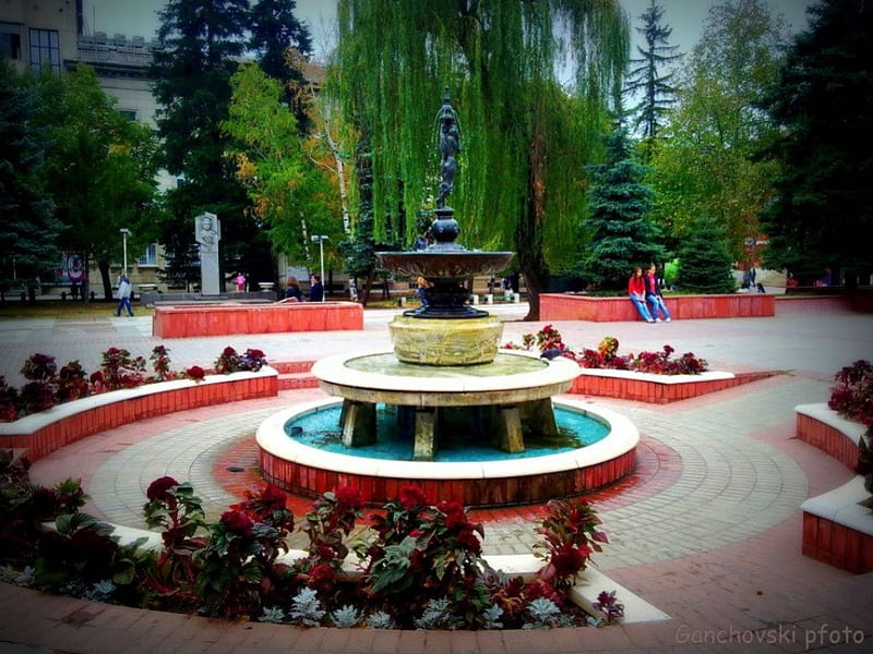 Fountain, graphy, town, flowers, Bulgaria, HD wallpaper