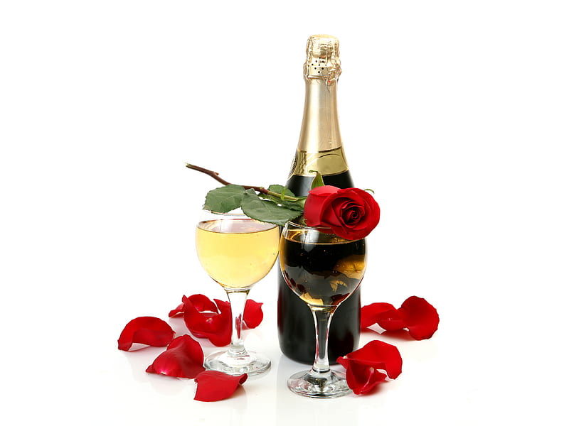 For you !ღ❤ღ, red, rose, wine, bottle, glasses, petals, champagne, HD wallpaper
