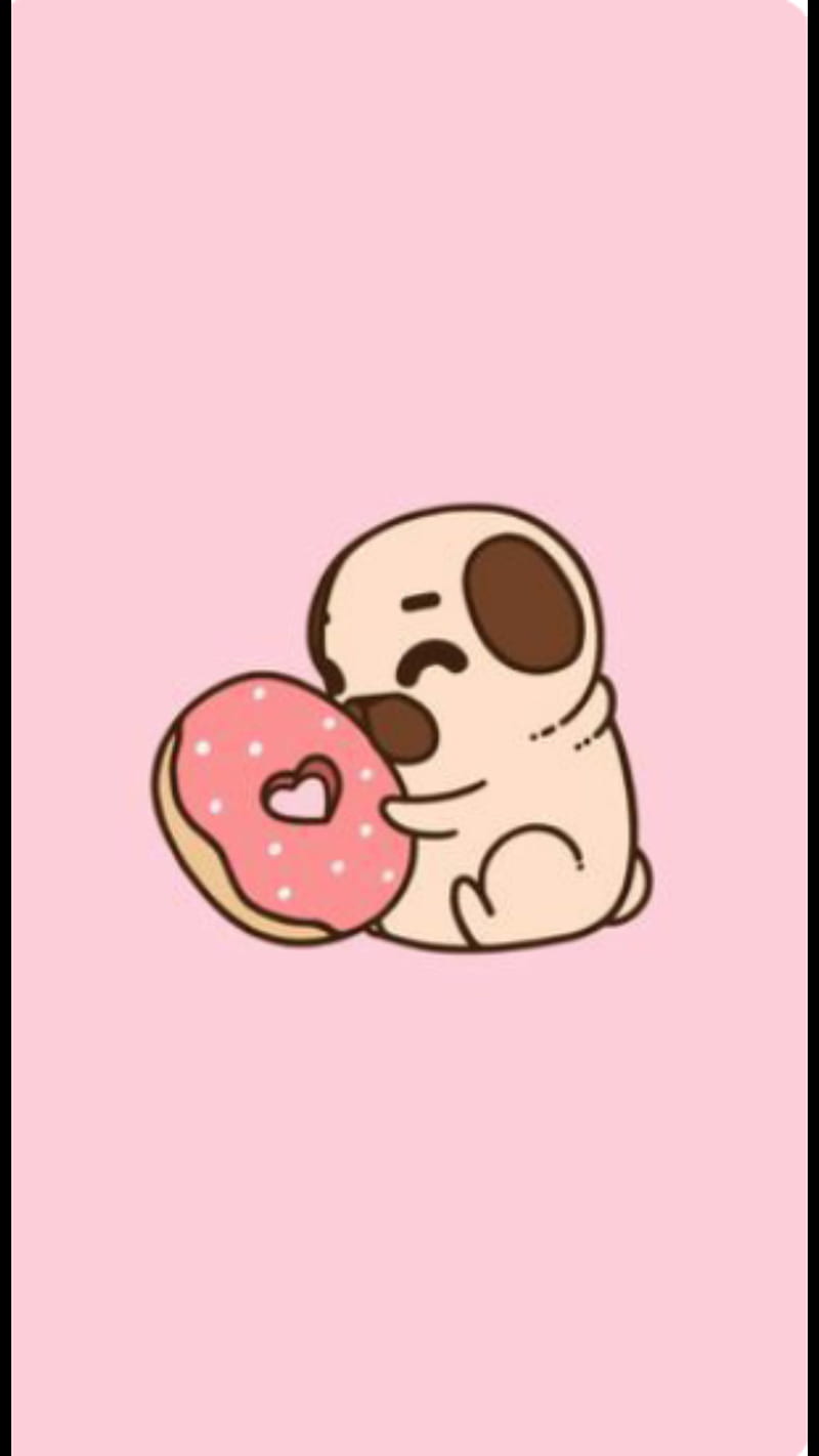 Puglie, dog, doughnut, heart, pink, pug, HD phone wallpaper