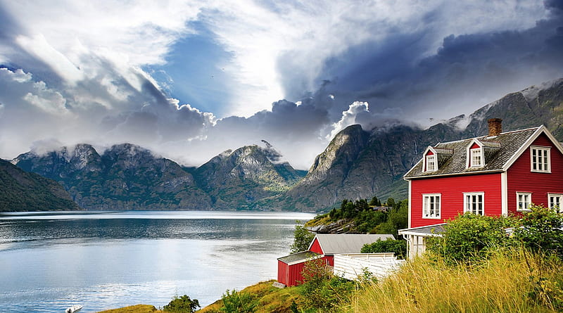 marvelous red house on a norway fjord, red, house, boat, mountains, fjord, clouds, HD wallpaper